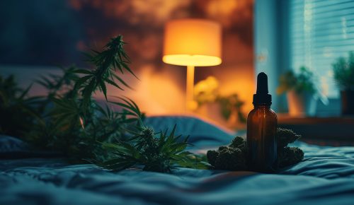 Bedroom at night, using CBD oil, capsules, and cannabis to promote melatonin production and fight sleep disorders.